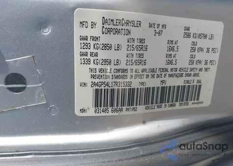 2007 Chrysler Town & Country Touring z USA, uszkodzony, nr VIN 2A4GP54L17R315332